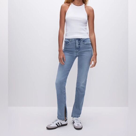 Good American Good Boy Straight Leg Trendy Side Slit Denim Jeans - Picture 3 of 12